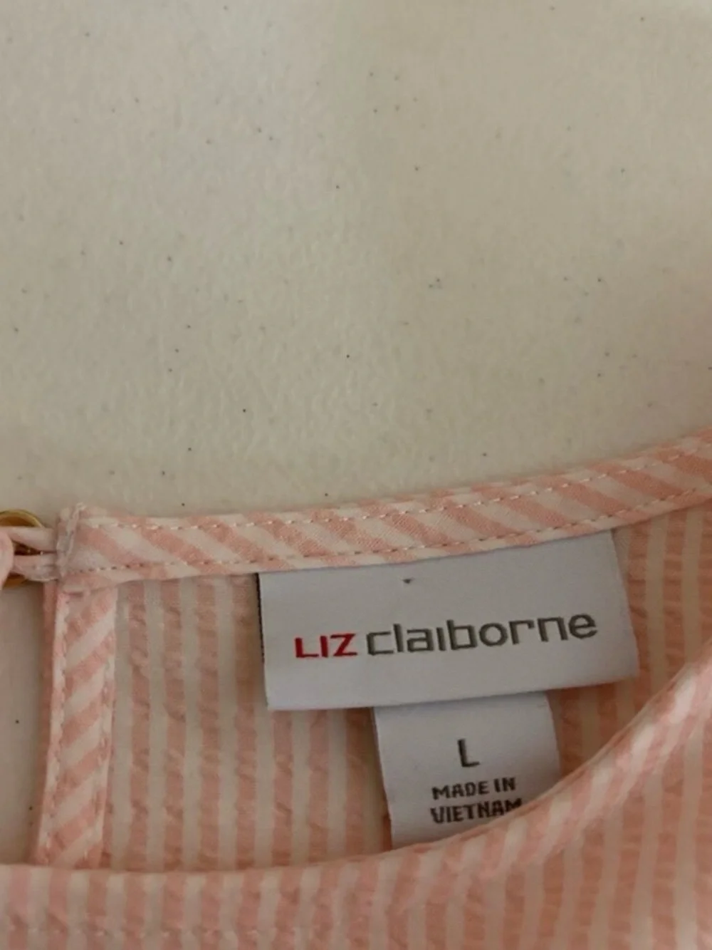 Liz Claiborne Blouse Women's Large Pink Striped Seersucker Long Sleeve Top Sheer - Picture 6 of 8
